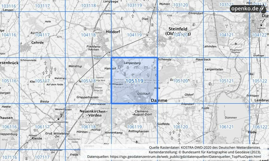 Übersichtskarte des KOSTRA-DWD-2020-Rasterfeldes Nr. 105119