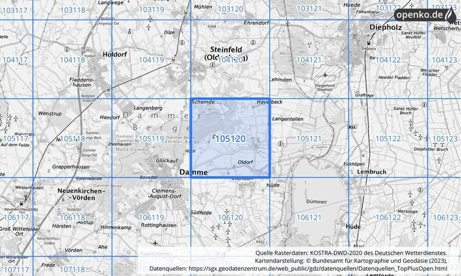 Übersichtskarte des KOSTRA-DWD-2020-Rasterfeldes Nr. 105120