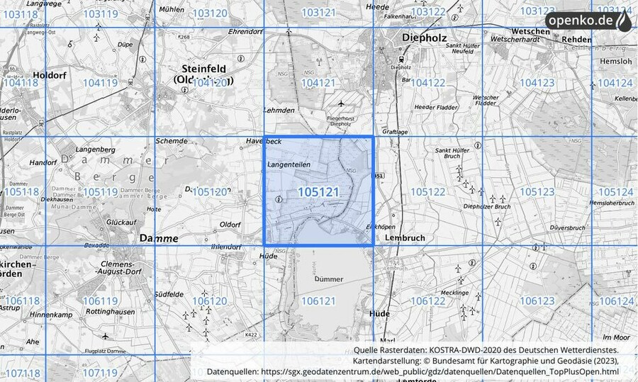 Übersichtskarte des KOSTRA-DWD-2020-Rasterfeldes Nr. 105121