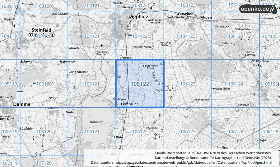 Übersichtskarte des KOSTRA-DWD-2020-Rasterfeldes Nr. 105122