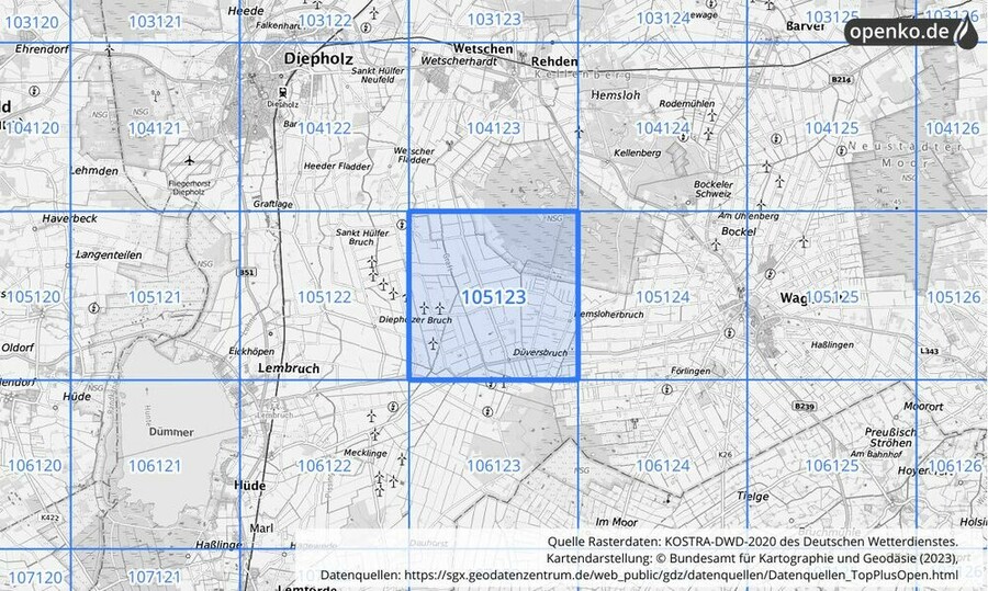 Übersichtskarte des KOSTRA-DWD-2020-Rasterfeldes Nr. 105123