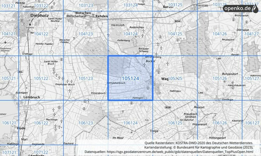 Übersichtskarte des KOSTRA-DWD-2020-Rasterfeldes Nr. 105124