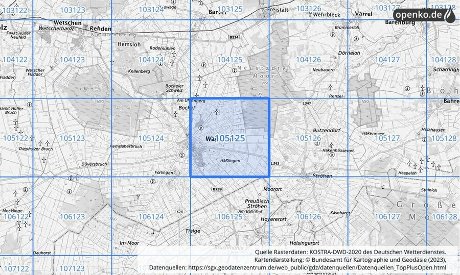 Übersichtskarte des KOSTRA-DWD-2020-Rasterfeldes Nr. 105125