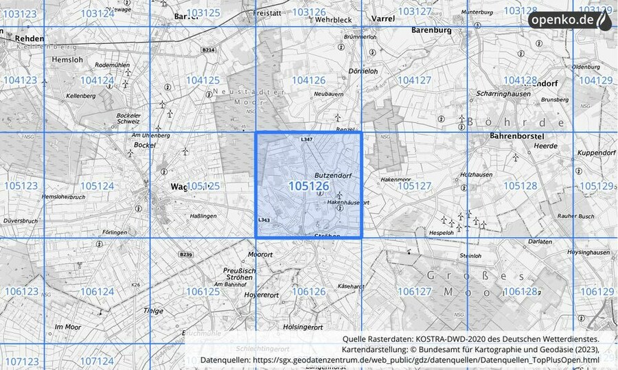 Übersichtskarte des KOSTRA-DWD-2020-Rasterfeldes Nr. 105126