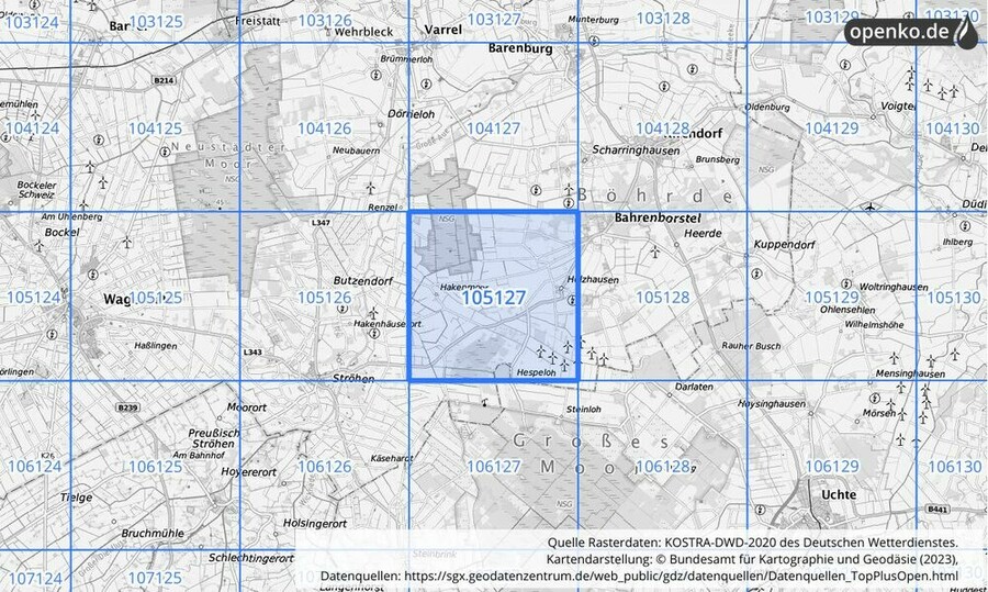 Übersichtskarte des KOSTRA-DWD-2020-Rasterfeldes Nr. 105127