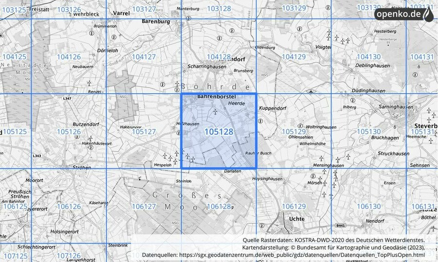 Übersichtskarte des KOSTRA-DWD-2020-Rasterfeldes Nr. 105128