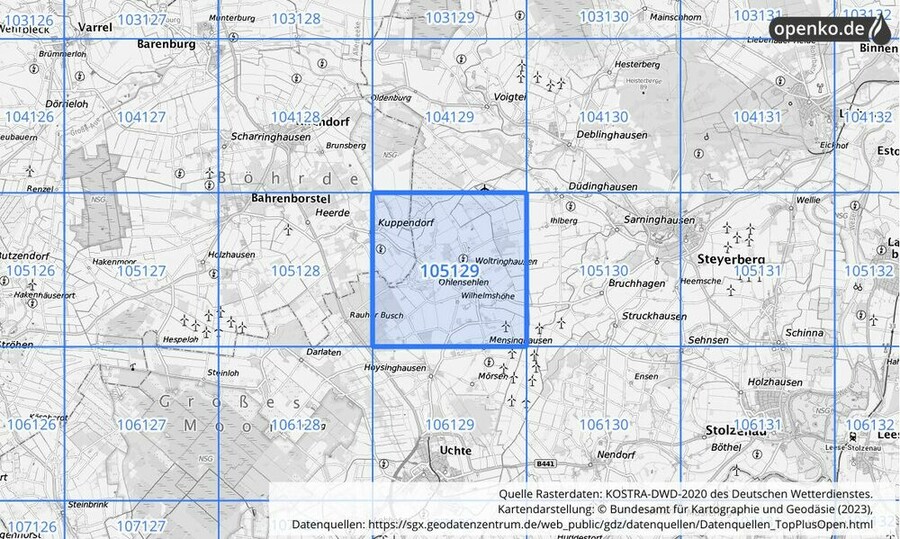 Übersichtskarte des KOSTRA-DWD-2020-Rasterfeldes Nr. 105129