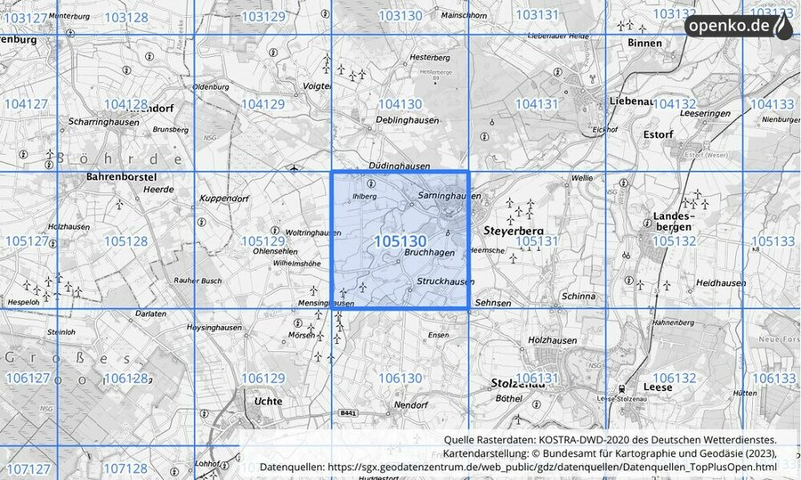 Übersichtskarte des KOSTRA-DWD-2020-Rasterfeldes Nr. 105130