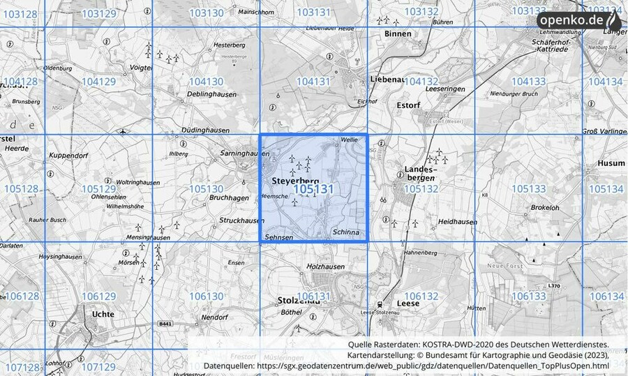 Übersichtskarte des KOSTRA-DWD-2020-Rasterfeldes Nr. 105131