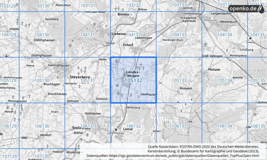 Übersichtskarte des KOSTRA-DWD-2020-Rasterfeldes Nr. 105132