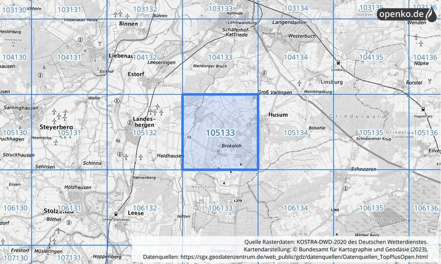 Übersichtskarte des KOSTRA-DWD-2020-Rasterfeldes Nr. 105133