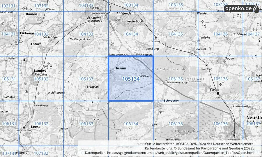 Übersichtskarte des KOSTRA-DWD-2020-Rasterfeldes Nr. 105134