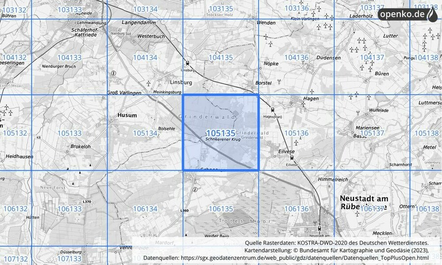 Übersichtskarte des KOSTRA-DWD-2020-Rasterfeldes Nr. 105135