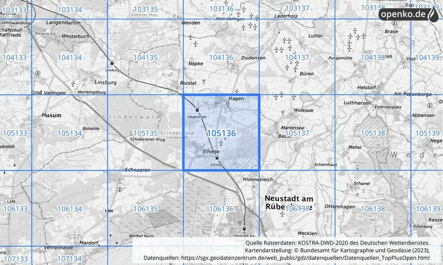 Übersichtskarte des KOSTRA-DWD-2020-Rasterfeldes Nr. 105136