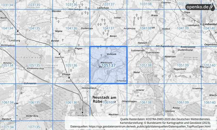 Übersichtskarte des KOSTRA-DWD-2020-Rasterfeldes Nr. 105137