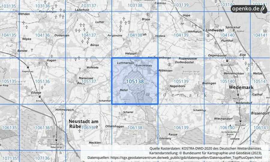 Übersichtskarte des KOSTRA-DWD-2020-Rasterfeldes Nr. 105138