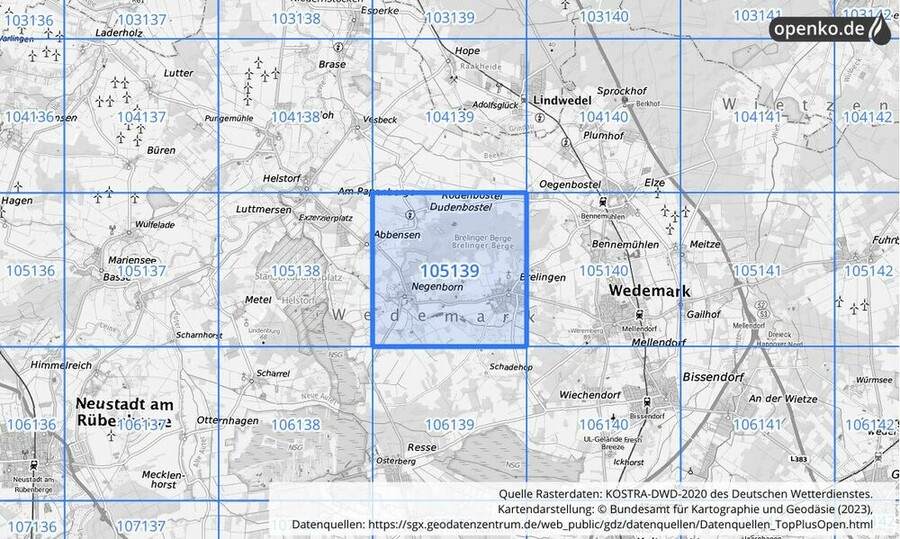 Übersichtskarte des KOSTRA-DWD-2020-Rasterfeldes Nr. 105139