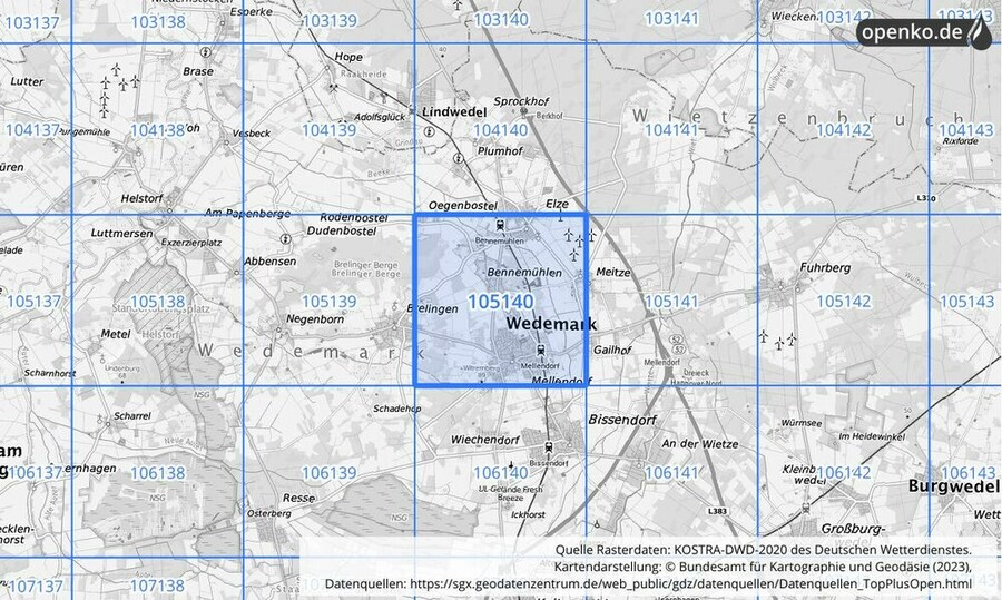 Übersichtskarte des KOSTRA-DWD-2020-Rasterfeldes Nr. 105140