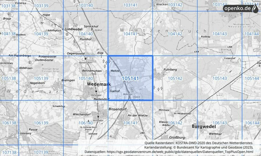 Übersichtskarte des KOSTRA-DWD-2020-Rasterfeldes Nr. 105141