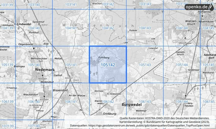 Übersichtskarte des KOSTRA-DWD-2020-Rasterfeldes Nr. 105142