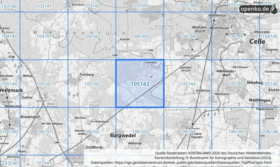 Übersichtskarte des KOSTRA-DWD-2020-Rasterfeldes Nr. 105143