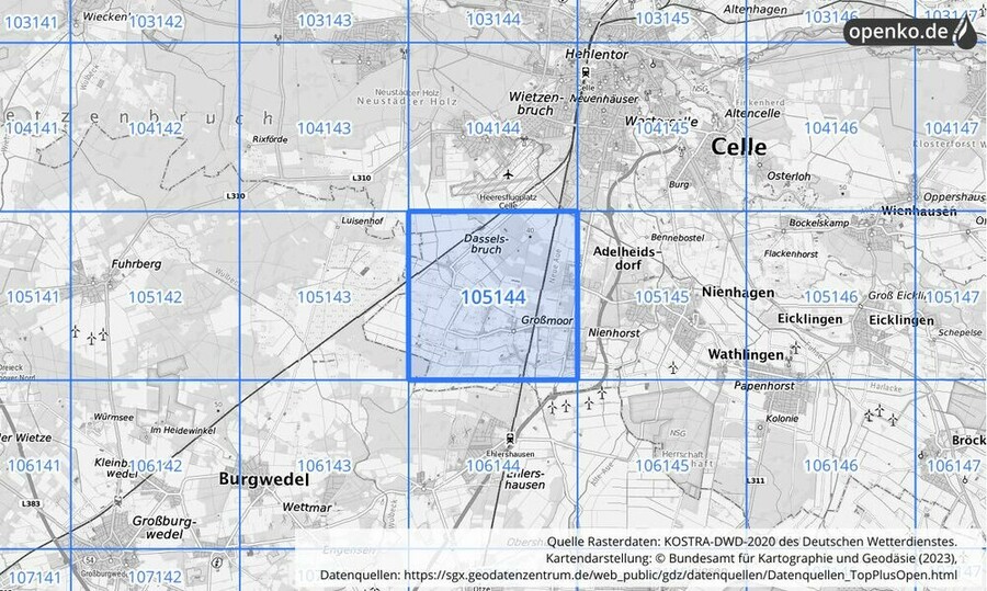 Übersichtskarte des KOSTRA-DWD-2020-Rasterfeldes Nr. 105144