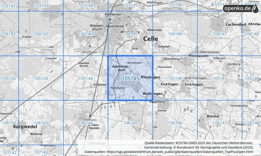 Übersichtskarte des KOSTRA-DWD-2020-Rasterfeldes Nr. 105145