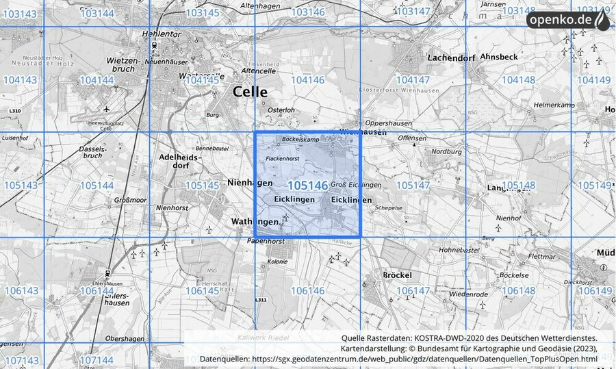 Übersichtskarte des KOSTRA-DWD-2020-Rasterfeldes Nr. 105146