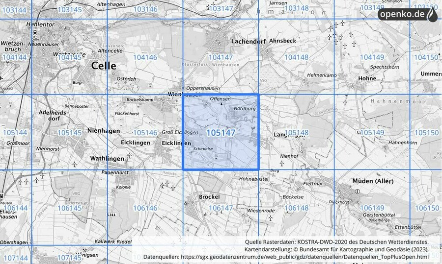 Übersichtskarte des KOSTRA-DWD-2020-Rasterfeldes Nr. 105147