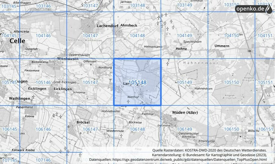 Übersichtskarte des KOSTRA-DWD-2020-Rasterfeldes Nr. 105148