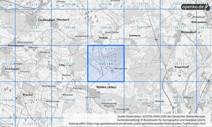 Übersichtskarte des KOSTRA-DWD-2020-Rasterfeldes Nr. 105149