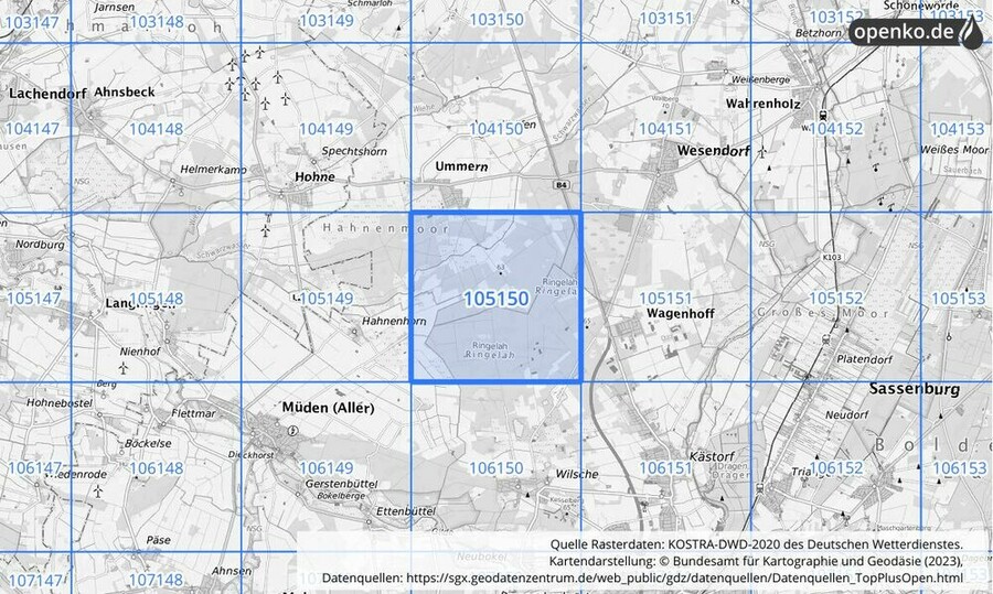 Übersichtskarte des KOSTRA-DWD-2020-Rasterfeldes Nr. 105150