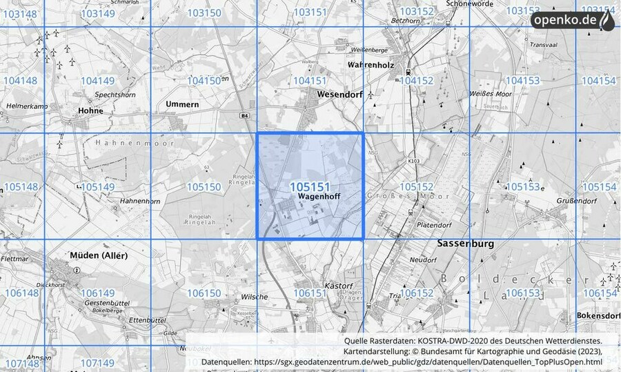 Übersichtskarte des KOSTRA-DWD-2020-Rasterfeldes Nr. 105151