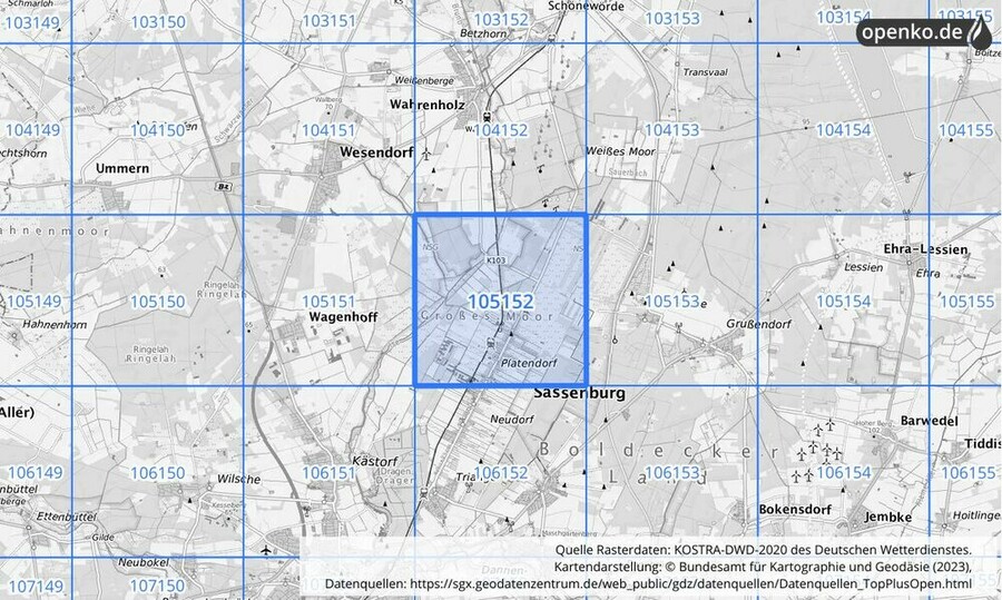 Übersichtskarte des KOSTRA-DWD-2020-Rasterfeldes Nr. 105152