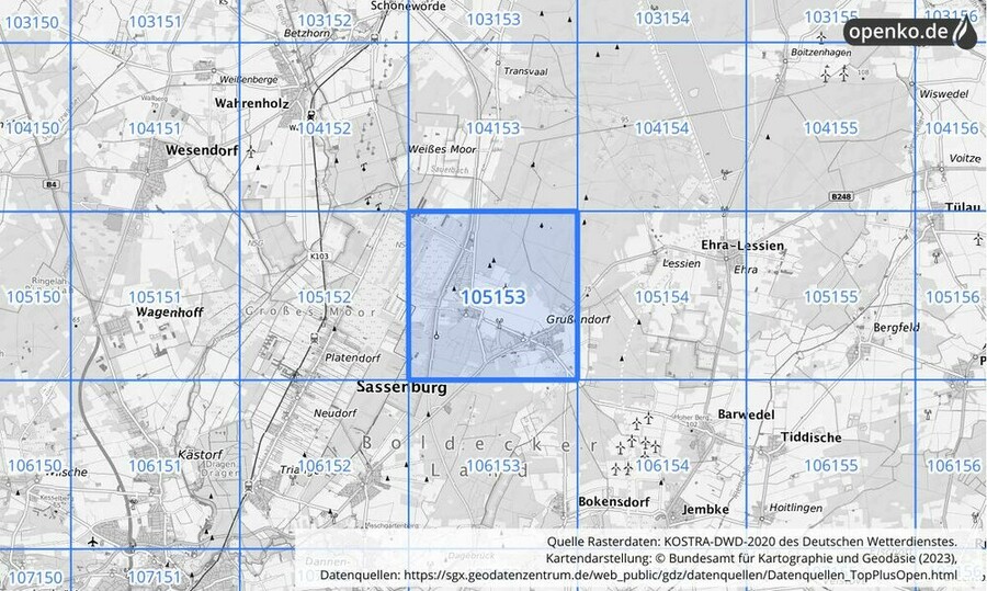 Übersichtskarte des KOSTRA-DWD-2020-Rasterfeldes Nr. 105153