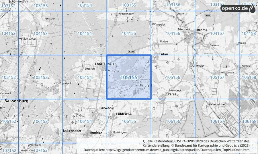 Übersichtskarte des KOSTRA-DWD-2020-Rasterfeldes Nr. 105155