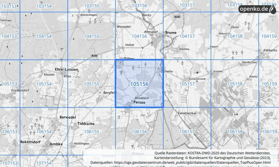 Übersichtskarte des KOSTRA-DWD-2020-Rasterfeldes Nr. 105156