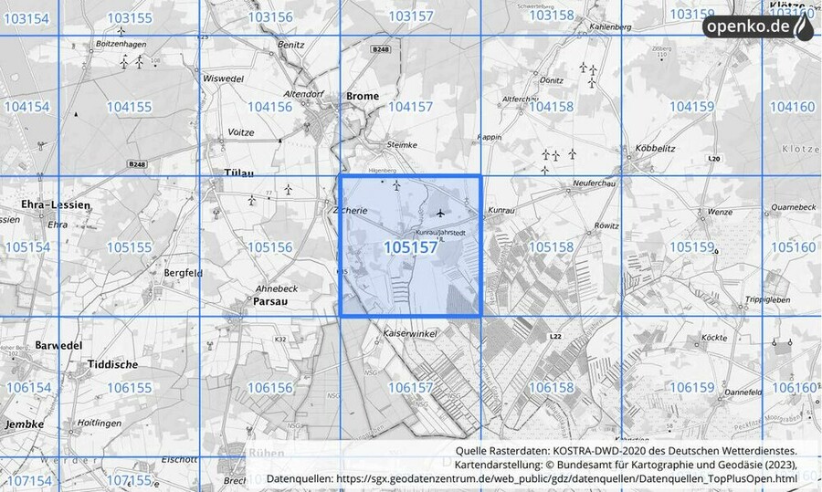 Übersichtskarte des KOSTRA-DWD-2020-Rasterfeldes Nr. 105157