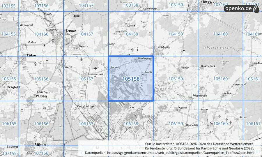 Übersichtskarte des KOSTRA-DWD-2020-Rasterfeldes Nr. 105158