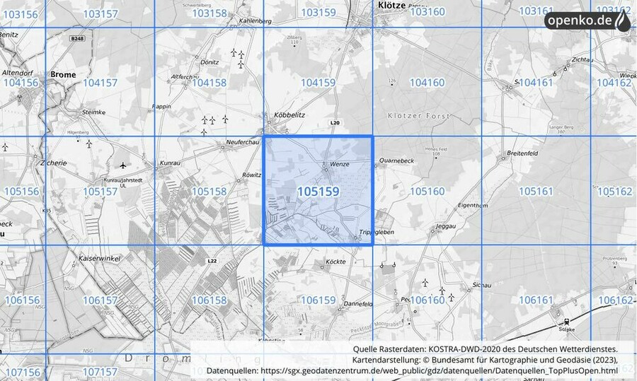 Übersichtskarte des KOSTRA-DWD-2020-Rasterfeldes Nr. 105159