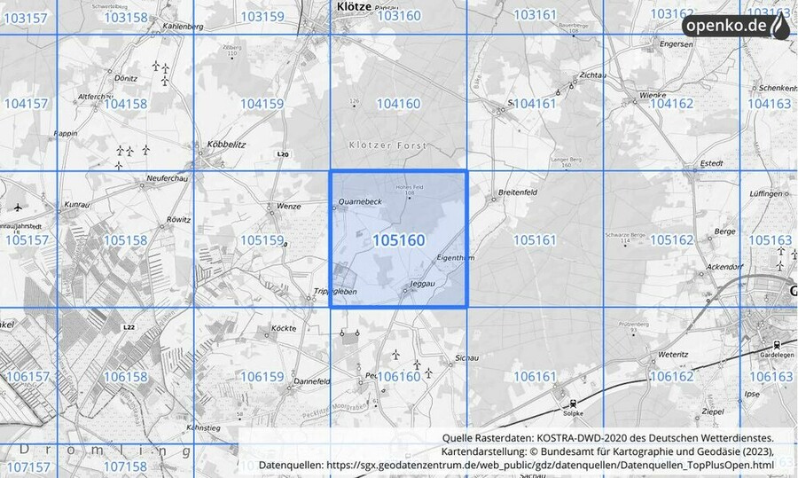 Übersichtskarte des KOSTRA-DWD-2020-Rasterfeldes Nr. 105160