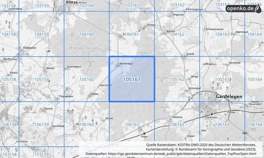 Übersichtskarte des KOSTRA-DWD-2020-Rasterfeldes Nr. 105161