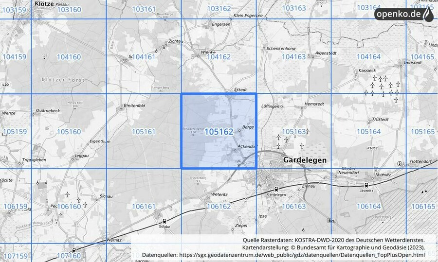 Übersichtskarte des KOSTRA-DWD-2020-Rasterfeldes Nr. 105162