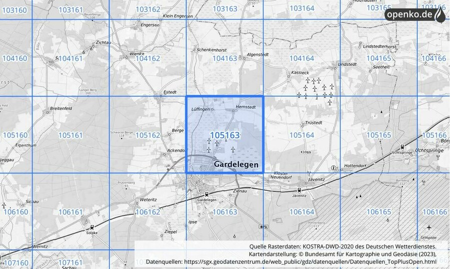 Übersichtskarte des KOSTRA-DWD-2020-Rasterfeldes Nr. 105163