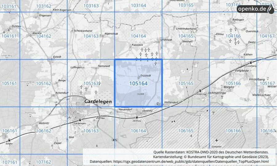 Übersichtskarte des KOSTRA-DWD-2020-Rasterfeldes Nr. 105164