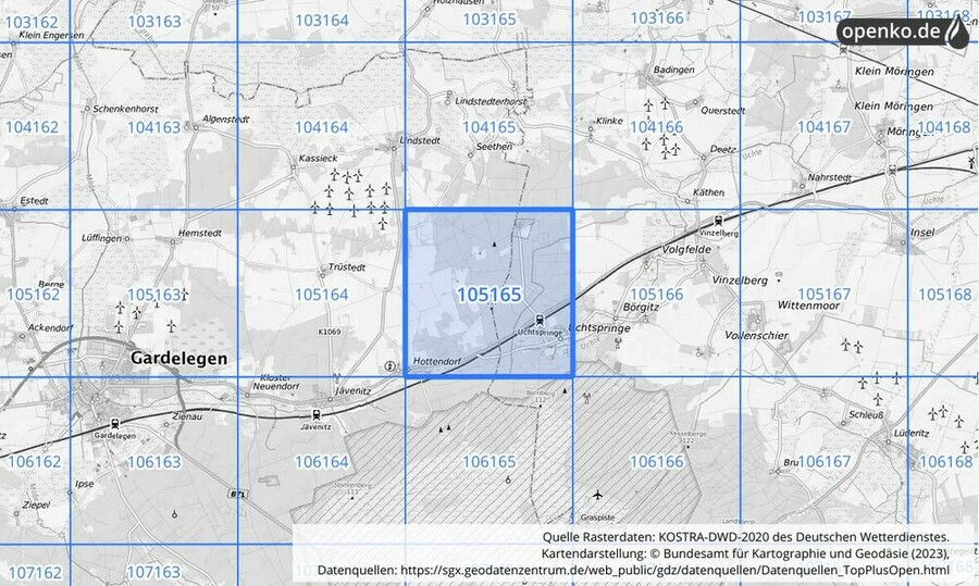 Übersichtskarte des KOSTRA-DWD-2020-Rasterfeldes Nr. 105165