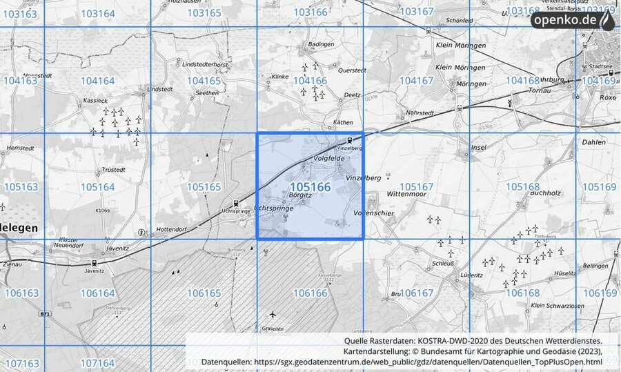 Übersichtskarte des KOSTRA-DWD-2020-Rasterfeldes Nr. 105166