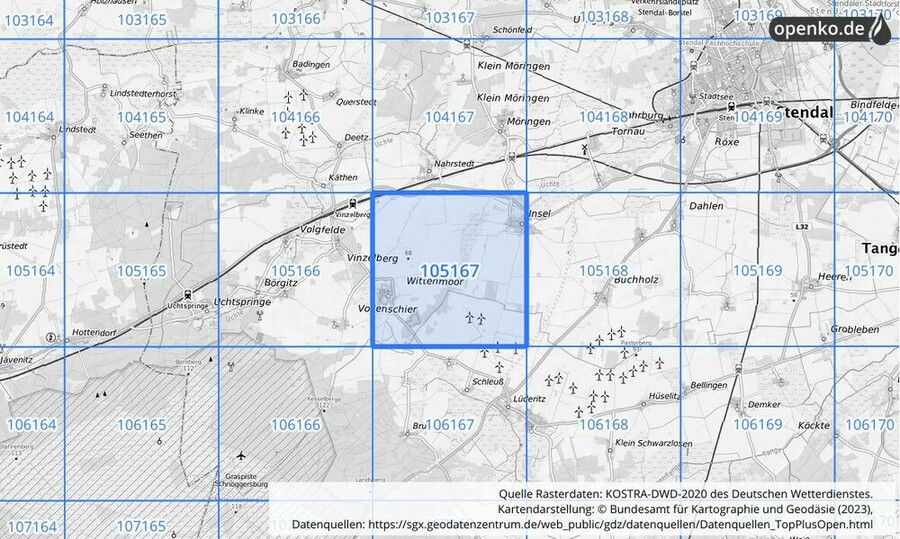 Übersichtskarte des KOSTRA-DWD-2020-Rasterfeldes Nr. 105167