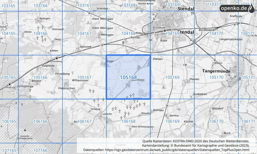 Übersichtskarte des KOSTRA-DWD-2020-Rasterfeldes Nr. 105168