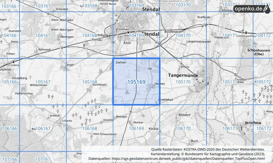 Übersichtskarte des KOSTRA-DWD-2020-Rasterfeldes Nr. 105169